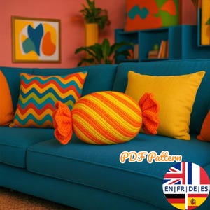 Easy Candy Crochet Pillow Pattern, Pattern of Candy Crochet Pillow, English German French Spanish