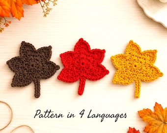 Haakpatroon voor een onderzetter met herfstbladeren (PDF), Haakpatroon voor een onderzetter met esdoornbladeren, Herfstdecoratie voor thuis, Haakwerk voor Thanksgiving, 4 talen