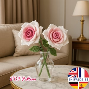 Gehaakt rozenpatroon, realistische bloementutorial, doe-het-zelf gehaakt boeket, digitaal rozenpatroon, Engels Duits Frans Spaans