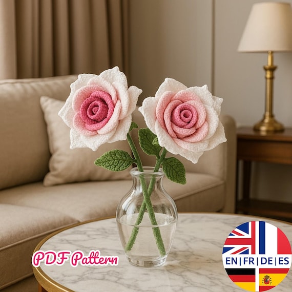 Crochet Rose Pattern PDF in 4 Languages  (En/Fr/De/Es) Realistic Flower Tutorial DIY Crochet Bouquet Instant Download Digital Rose Pattern