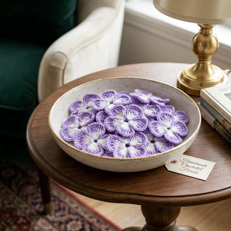 May include: A ceramic bowl filled with handmade crochet flowers in shades of purple and white. The bowl sits on a dark wooden table, with a tag that reads "Handmade Crocheted Florals". A lamp and books are visible in the background.