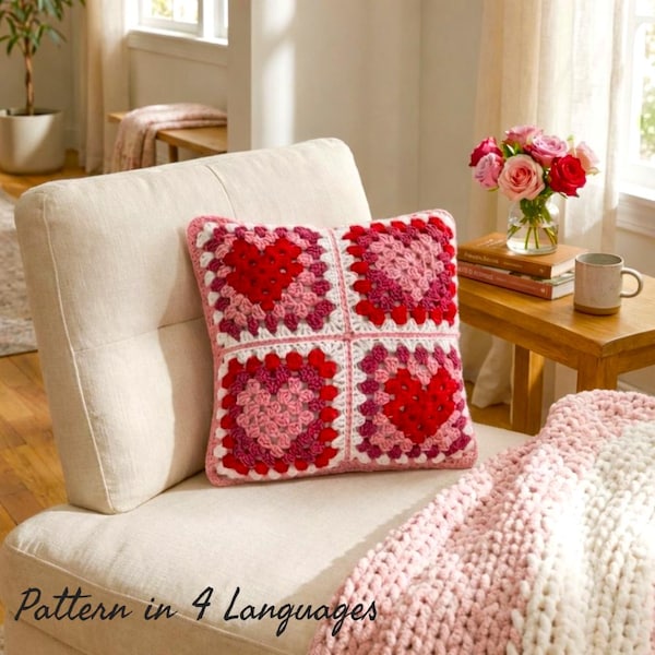 Crochet Heart Granny Square Motif Pattern – Valentine's Day Project - English German French Spanish