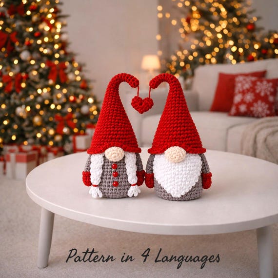 Christmas Crochet Gnome Couple Pattern PDF in 4 Languages, Amigurumi Scandinavian Gnome Set, Holiday Decor Crochet Tutorial DIY Xmas Pattern