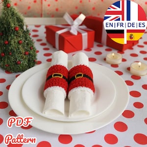 Servilletero con forma de cinturón de Papá Noel - Decoración navideña para la mesa - Servilletero navideño - Servilletero - Inglés Alemán Francés Español