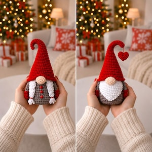 Peut inclure: Poup&eacute;e gnome crochet&eacute;e avec un chapeau pointu rouge, un corps gris et une barbe blanche. La poup&eacute;e a un nez beige et tient un c&oelig;ur rouge. D&eacute;cor de No&euml;l.