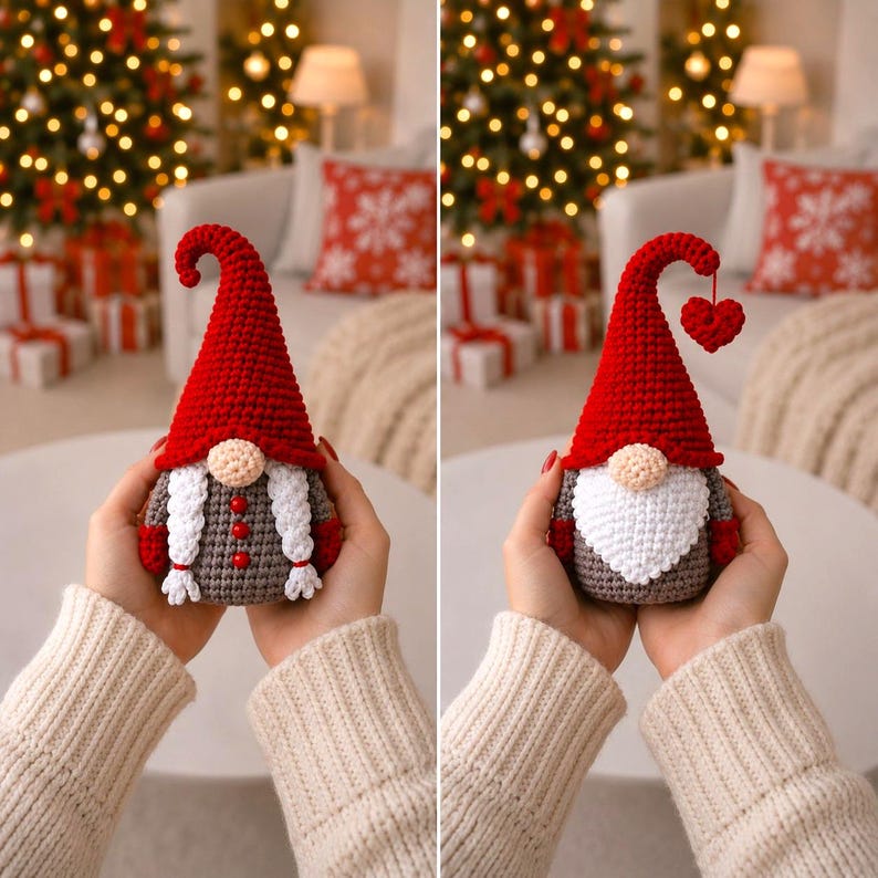 Peut inclure: Poup&eacute;e gnome crochet&eacute;e avec un chapeau pointu rouge, un corps gris et une barbe blanche. La poup&eacute;e a un nez beige et tient un c&oelig;ur rouge. D&eacute;cor de No&euml;l.