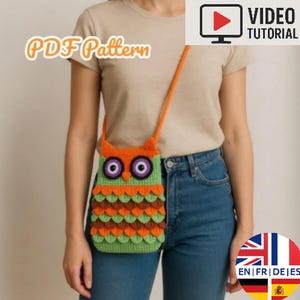 Wzór na szydełkową torbę z sową, angielski, niemiecki, francuski, hiszpański
