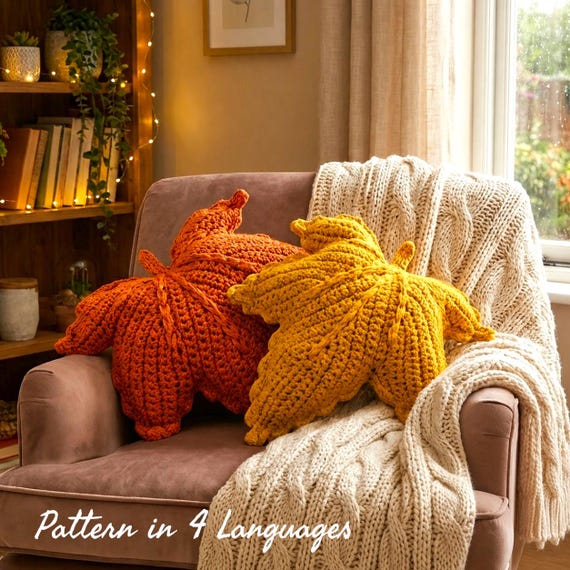 Crochet Leaf Pillow Pattern PDF, Fall Crochet Cushion Pattern, Autumn Leaf Pillow Crochet Tutorial, 4 Languages