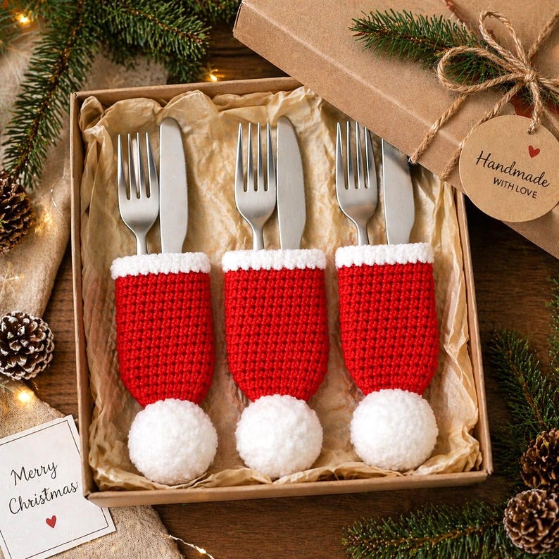Peut inclure: Un ensemble cadeau de No&euml;l avec trois fourchettes et couteaux, chacun dans un bonnet de P&egrave;re No&euml;l rouge et blanc tricot&eacute;. L'ensemble est pr&eacute;sent&eacute; dans une bo&icirc;te en carton, orn&eacute;e de verdure festive et d'une &eacute;tiquette indiquant "Handmade with Love". Une carte dit "Joyeux No&euml;l".