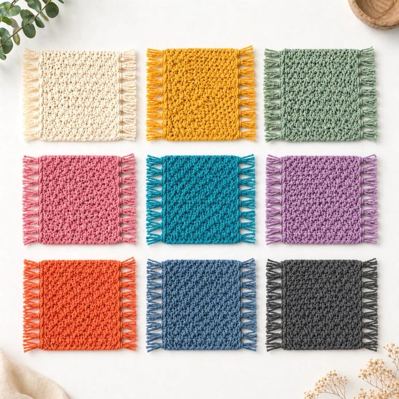 Op de afbeelding: Negen vierkante, gehaakte onderzetters in verschillende kleuren, waaronder cr&egrave;me, geel, groen, roze, turquoise, paars, oranje, blauw en grijs. Elke onderzetter heeft een getextureerd oppervlak en een franjerand. Deze handgemaakte onderzetters zijn perfect.