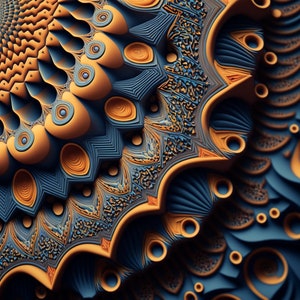 May include: Abstract digital art featuring a complex, intricate pattern of overlapping circles and shapes in shades of blue and orange.