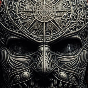 May include: A close-up of a detailed, silver metal mask with intricate patterns and a circular design on the forehead. The mask has a menacing expression with dark eyes and a sharp jawline. The background is a dark gray with a red, spiky design.