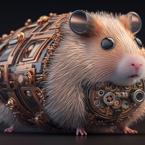 Puede incluir: Un pequeño hámster con pelaje marrón lleva un artilugio de metal de estilo steampunk con engranajes y ruedas dentadas. El hámster tiene ojos grandes y oscuros y una nariz rosada.