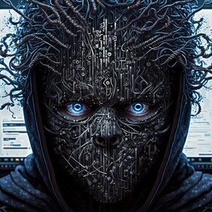 Puede incluir: Primer plano de la cara de una persona, oculta por una máscara hecha de intrincados trabajos de metal y cables. La máscara tiene una expresión amenazante, con penetrantes ojos azules. La persona lleva una prenda oscura con capucha.