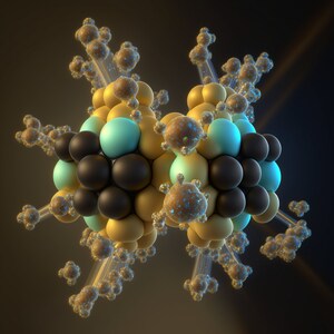 Op de afbeelding: Een 3D-model van een molecuul met gouden, zwarte en blauwe bollen die met dunne lijnen zijn verbonden. De bollen zijn in een complex, symmetrisch patroon gerangschikt.