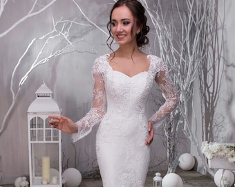 Lace Mermaid Wedding Dress Fully Covered Modest Bridal Gown, Long Lace Sleeves Fit and Flare Wedding Gown, Fitted Wedding Dresses for Bride