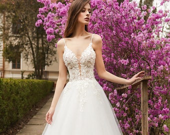 3D Floral Lace Corset A-line Wedding Dress | Princess Bridal Gown, Beach Wedding Dresses, Long Chiffon Bridal Gown, Custom Made Bridal Dress