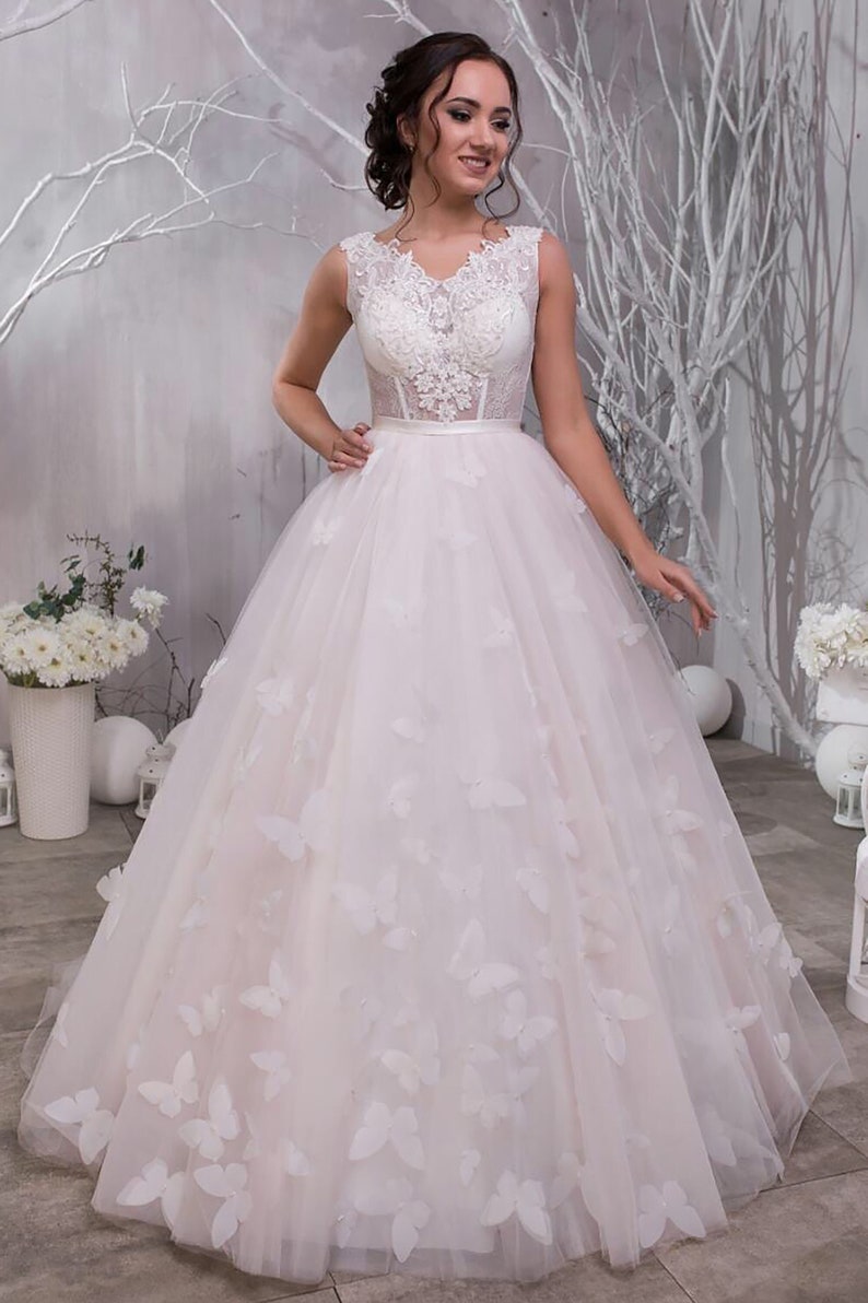 Blush Pink Wedding Dress With Butterflies Unique Bridal Gown Pink Ball ...