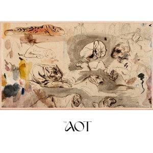 Samsung Frame TV Art | Tiger Watercolor and Sketch Home Decor Vintage Digital Art | Frame TV Instant Download | Vintage Art | AOT Collection