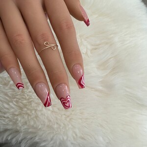 valentine nails, lovely nail art, heart designs, short/medium press on, coffin nail with art