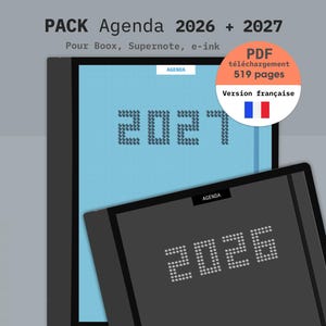 Peut inclure: Un pack d'agendas numériques pour 2026 et 2027, comprenant un agenda 2027 bleu clair et un agenda 2026 gris foncé. Le texte indique PACK Agenda 2026 + 2027, Pour Boox, Supernote, e-ink, et PDF téléchargement 519 pages Version française.