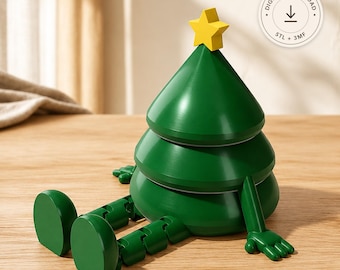 Puede incluir: Una figura de árbol de Navidad verde en forma de cono con brazos y piernas articulados, rematada con una estrella amarilla. La figura tiene un acabado liso y una insignia circular en la esquina superior derecha con el texto Digital Download, STL + 3MF.