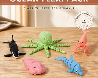 Articulated Marine Animals Pack STL & 3MF Files – Print in Place Flexi Ocean Animals Bundle