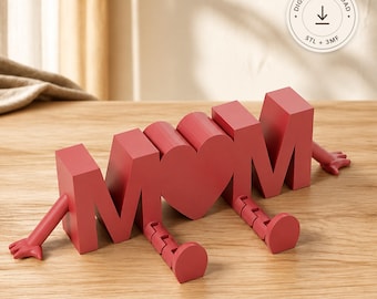 Articulated MOM Decor STL & 3MF File – Poseable MOM Letters with Heart, Mother's Day Gift