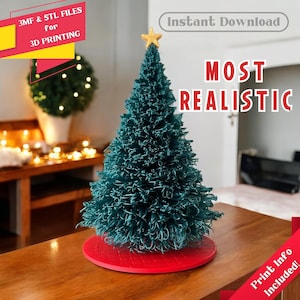 Pode incluir: Uma árvore de Natal verde-azulado com uma estrela dourada, sobre uma base vermelha. A árvore tem a etiqueta "MOST REALISTIC" e é para impressão 3D. A imagem também inclui o texto "Download instantâneo" e "Print Info Included!"