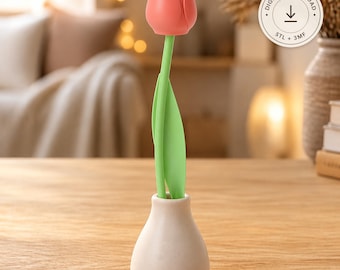 Tulip Flower STL & 3MF File – 3D Printed Tulip with Stem and Leaf, Spring Decor and Mother's Day Gift