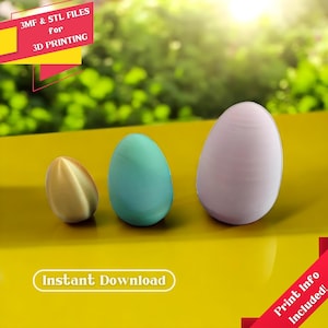 Może przedstawiać: Trzy wydrukowane w 3D jajka wielkanocne w różnych rozmiarach i kolorach. Największe jajko jest jasnofioletowe, środkowe jajko jest jasnoniebieskie, a najmniejsze jajko jest złote. Jajka znajdują się na żółtej powierzchni.  Pliki 3MF i STL do druku 3D. Natychmiastowe pobranie! Informacje o druku w zestawie!