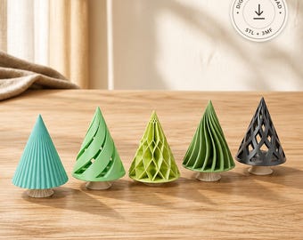 Christmas Tree Set STL & 3MF File – 5 Modern 3D Printable Christmas Trees with Trunks, Holiday Decor