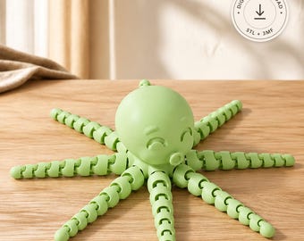 Articulated Octopus STL & 3MF File – Print in Place Flexi Octopus Fidget Toy, Ocean Animal Gift