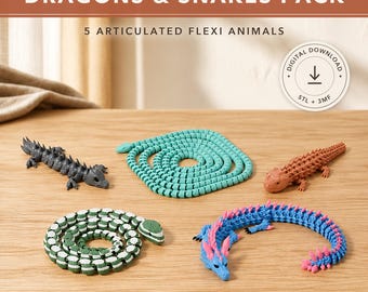 May include: A digital download pack titled DRAGONS & SNAKES PACK 5 ARTICULATED FLEXI ANIMALS containing five 3D printed articulated figures: a dark gray lizard, a teal snake, a brown lizard, a green and white snake, and a blue and pink dragon.
