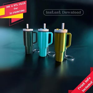 May include: Three colourful travel mugs with handles and white lids. The mugs are in shades of green, teal, and gold. Each mug has a silver keychain attached. Text on the image reads "3MF & STL FILES for 3D PRINTING" and "Instant Download."