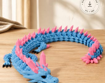 Articulated Crystal Dragon STL & 3MF File – Print in Place Flexi Dragon Fidget Toy, Fantasy Gift