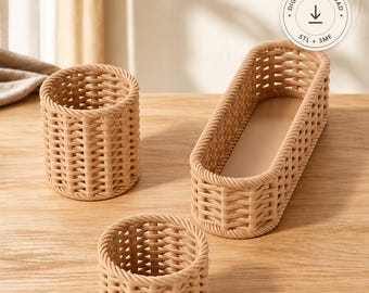 Woven Baskets STL & 3MF File – 3 Sizes, 3D Printed Basket Weave Organizer, Pencil Holder and Storage