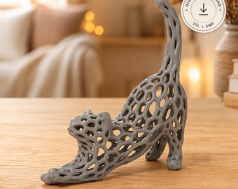 Voronoi Cat STL & 3MF File – Geometric Stretching Cat Sculpture, Modern Cat Lover Decor