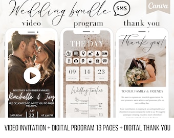Wedding invitation set, Digital Wedding Video Invitation, Interactive Program, Thank You Cards | Modern & Elegant | Canva Template