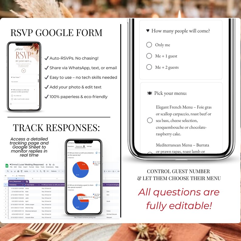 Wedding RSVP Google Form template with real-time response tracking, editable RSVP questions, guest count and menu choices, burnt orange wedding invitation Canva template, terracotta wedding invitation, interactive fall autumn wedding RSVP website
