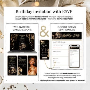 Masquerade ball digital invitation template in black and gold, editable Canva birthday invite with RSVP tracker, music and countdown, perfect for 30th 40th 50th 60th adult party celebration.