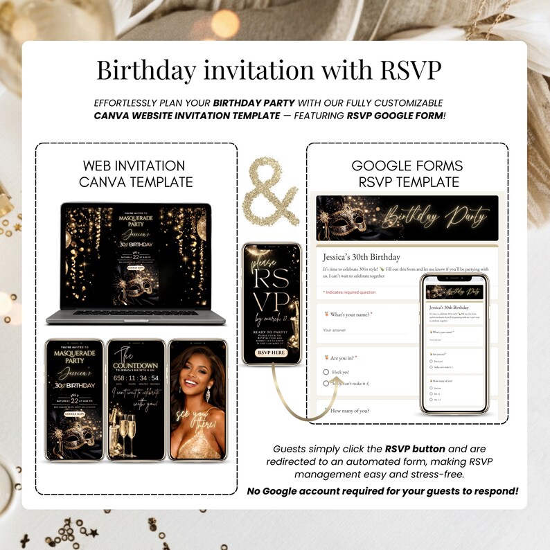 Masquerade ball digital invitation template in black and gold, editable Canva birthday invite with RSVP tracker, music and countdown, perfect for 30th 40th 50th 60th adult party celebration.