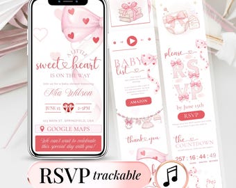 Sweetheart Baby Shower Invitation Girl – Pink Bow Coquette Editable Template – Digital Invite with RSVP + Countdown – Instant Download