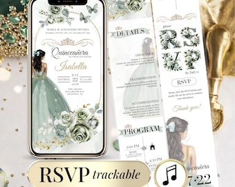Sage Green Floral Quinceanera Invitation, Editable RSVP Template (Digital Download)
