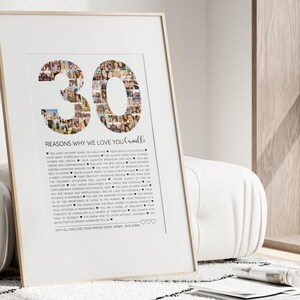 DIY photo collage template for a 30th birthday, customizable with photos and text. This '30 Reasons We Love You' Canva design makes a sentimental and creative gift for celebrating 30 years of cherished moments.