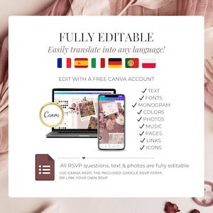 Fully editable wedding website Canva template translated into multiple languages, customizable blush pink wedding RSVP invitation with editable text, fonts, colors, photos, music and links