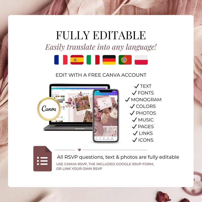 Fully editable wedding website Canva template translated into multiple languages, customizable blush pink wedding RSVP invitation with editable text, fonts, colors, photos, music and links