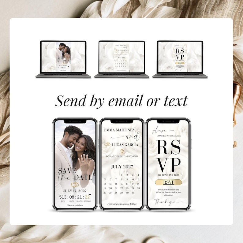 Wedding calendar save the date invitation template, digital wedding invitation with RSVP link, Canva editable wedding website invite, elegant minimalist wedding design with countdown timer and interactive features