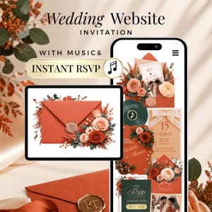 Peut inclure: Une invitation de site web de mariage numérique affichée sur un écran de smartphone et de tablette. Le design présente des enveloppes terre cuite, des sceaux de cire avec initiales et des compositions florales de roses orange et crème. Le texte inclut Wedding Website Invitation, With Music & Instant RSVP et les détails de l'événement.