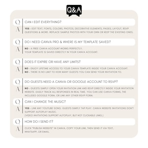 Wedding website invitation FAQ Canva template showing editable wedding RSVP questions, Canva account access, guest RSVP process, music options and mobile sharing instructions